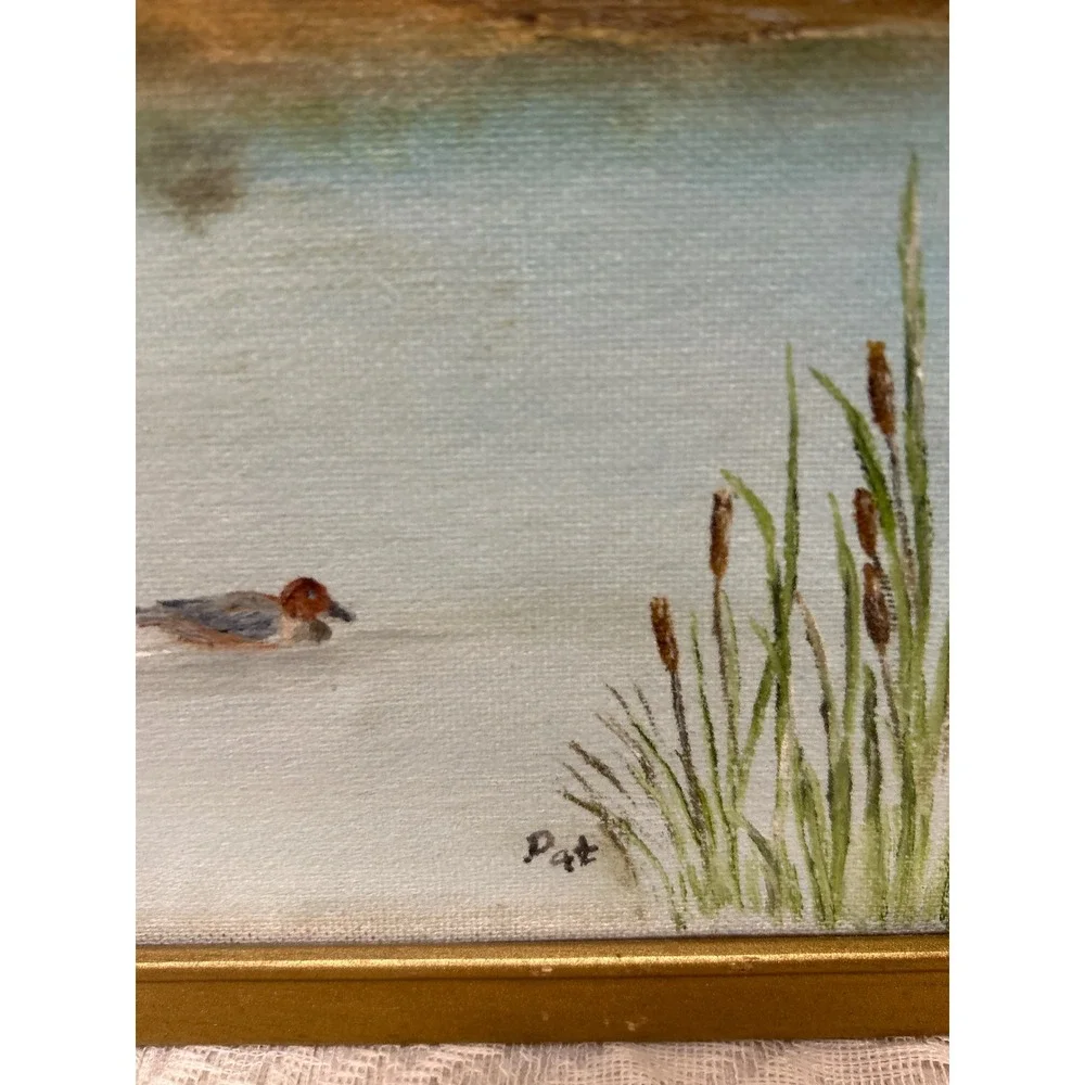 Original Oil Painting Pond by Cabin Signed Pat Duck Landscape Gold Frame 11x14 - Picture 2 of 5